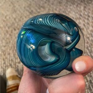 Aqua Three-Twist Flower Art Glass Paperweight 3.25” x 3.25” by The Glass Forge